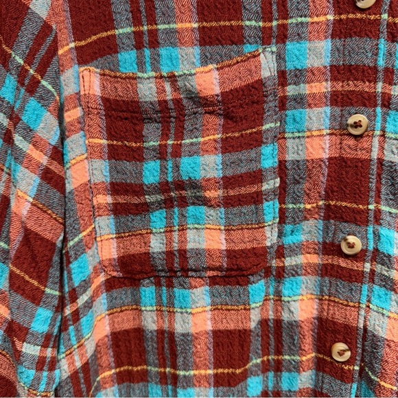 Pilcro LongLine Plaid Button Down Anthropologie Terracotta Turquoise festival  S - Picture 6 of 12